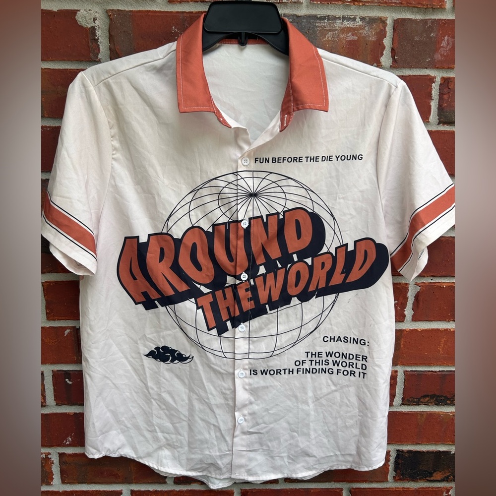 Romwe Men’s Short Sleeve Button Down “Around the World” Small Shirt